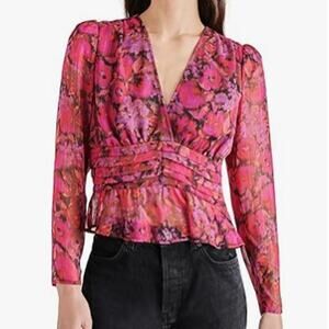 NWT Steve Madden Top Womens Size Medium Azura Sheer Fuchsia V Neck Long Sleeve